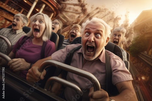 Group of senior people exciting and screaming on the roller coaster background. Funny face people at the amusement park.