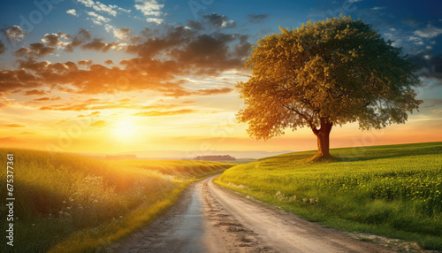 A winding dirt road at sunrise in a rural area with one large tree on the side of the road.