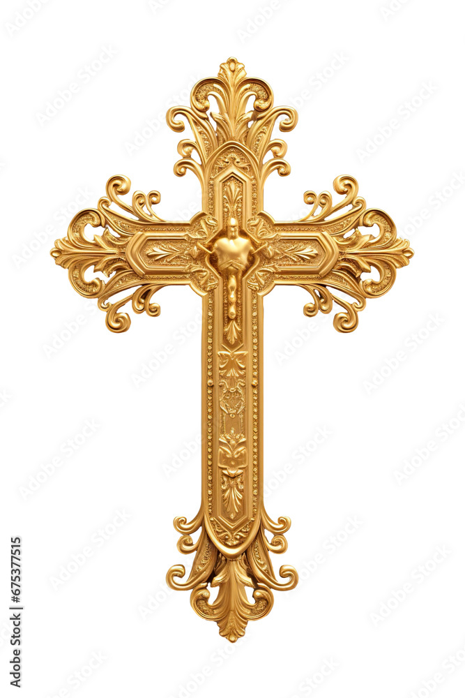 Vintage 3D gold cross christmas theme isolated against transparent white background