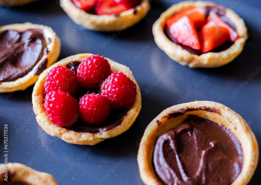 Chocolate-Berry Mini Tarts Close-Up on Tray