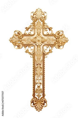 Vintage 3D gold cross christmas theme isolated against transparent white background