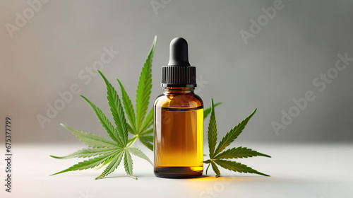CBD oil bottle among cannabis leaves. Mockup design for medical CBD, THC tincture product.