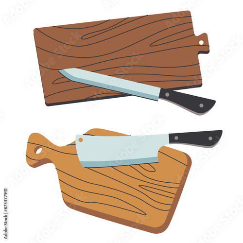 Flat isometric illustration of wooden cutting board and kitchen knife. Household cutlery isolated on white background. Cooking domestic kitchenware, utensils vector concept (ID: 675377941)