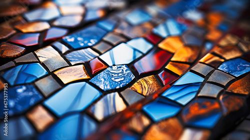 Mosaic tiles close-up, Intricate patterns, Byzantine artistry with vibrant tesserae photo