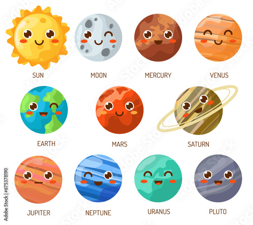 set of kawaii space icons. planets cartoon style. isolated on white background. vector illustration. (ID: 675378190)