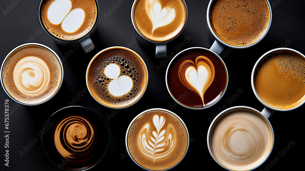 Multiple cups of coffee with variety of coffee drinks overhead view. Multiple cups of coffee with variety of coffee drinks overhead view.