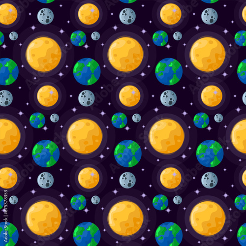 Cosmic seamless pattern with sun, earth and moon. A galaxy with planets. Vector illustration for textiles, paper and decor. (ID: 675378353)