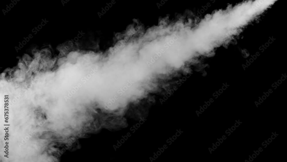 Abstract white smoke animation on a black background. Smoke, steam, explosion, fire, puff, steady vapors. Realistic smoke cloud from up and button with floating fog. Best for using in composition.