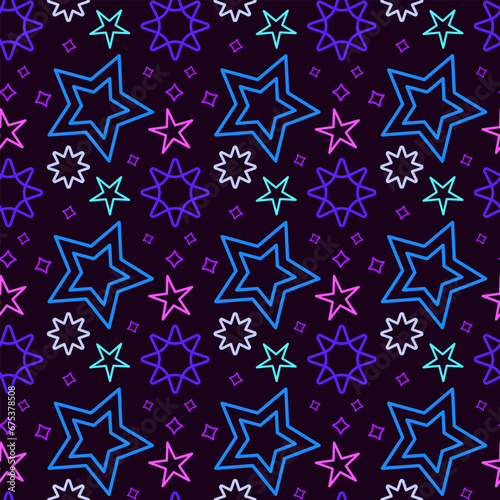Vector seamless blue galaxy pattern with stars. Dark space background with bright colored stars for fabric, paper and design. (ID: 675378508)