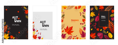 Autumn, Fall, Thanksgiving day trendy backgrounds with beautiful leaves. Abstract vector templates poster, invitation, card, flyer, cover, banner, placard, brochure, social media, sale, advertising