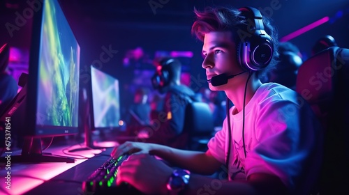 Teenager wearing headphones and playing online video games.
