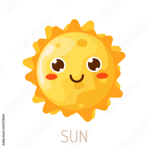 Vector funny sun in a flat design. Happy smiling sun. children's cute solar emojis. Baby Yellow kawaii sun with sun rays. (ID: 675378564)