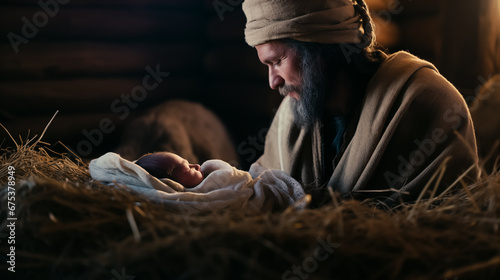 A shepherd kneels in front of the manger and admires the newborn Jesus. Nativity of Jesus. Christmas concept. photo