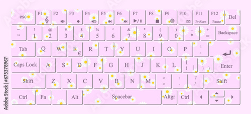 Vector modern qwerty Keyboard Layout Stencil cut. Daisy background.