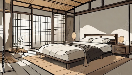 illustration of relaxing Japanese style bedroom interior with futon bed  photo