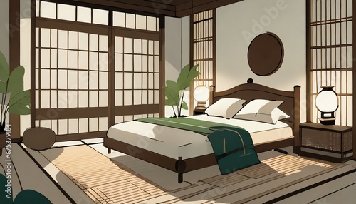 illustration of relaxing Japanese style bedroom interior with futon bed  photo