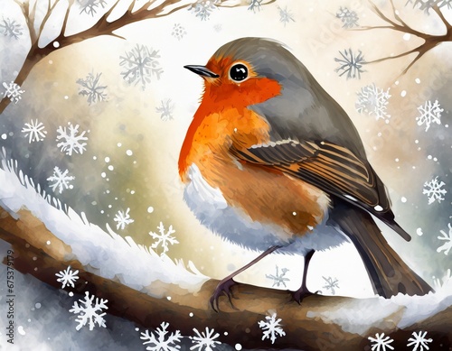 cute little robin a tree for Christmas with snowflakes winter 