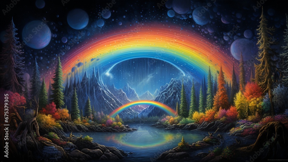 a vibrant rainbow arch across the night sky, painting a colorful spectrum in a breathtaking and symbolic display of diversity.