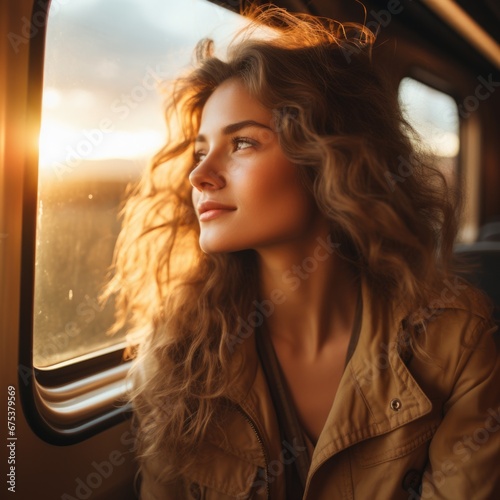 Young woman traveling looking out the window while sitting in the train