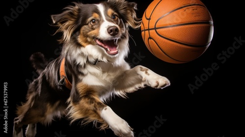Cute Dog with orange basketball ball. Time to game. Happy Dog puppy playing basketball on Sports Court. Active, playful purebred dog playing basketball, jumping