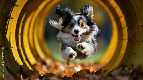 Dog agility tunnel. Dog agility slalom, sports competitions of dogs. Dog agility training equipment. Happy dog runs and jumps on agility field photo