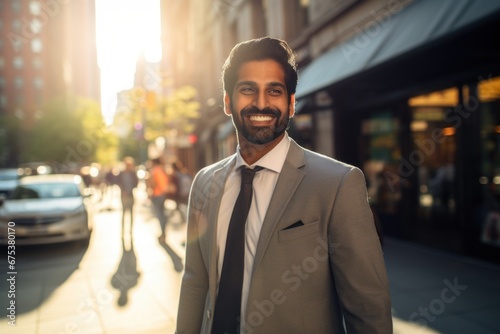 Indian businessman walking street smiling photo