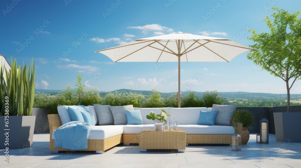 tropical casual relax beach vacation home terrace balcony easy minimal sofa armchair detail design with umbrella decorating tree garden background beautiful house design concept - obrazy, fototapety, plakaty 