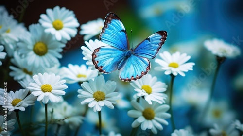 close up High-resolution image of Blue Morpho on white daisy flower. Generative AI. © Dusit