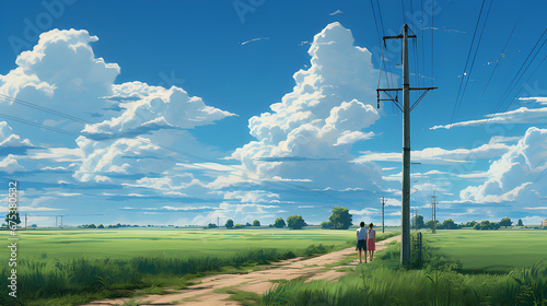 a couple stands next to a telephone pole, in the style of mysterious landscapes, inio asano, 8k 3d, light sky-blue and dark green, everyday life, prairiecore, sovietwave photo