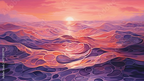 a wavy background in sunset hues, blending warm oranges, pinks, and purples, capturing the serene beauty of a twilight sky reflected on rippling waters.