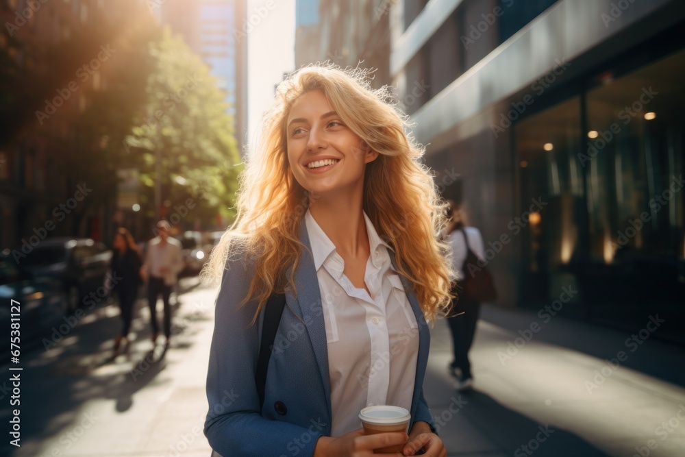 Business woman walking street smiling Business woman walking street smiling