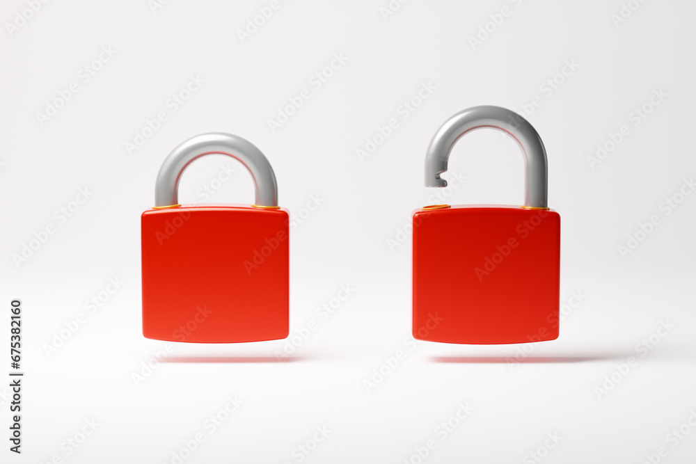 Red locked and unlocked padlocks isolated over white background. Security concept. 3D rendering. Red locked and unlocked padlocks isolated over white background. Security concept. 3D rendering.
