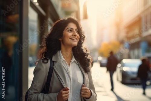 Business woman walking street smiling