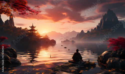 buddha sunset over the river