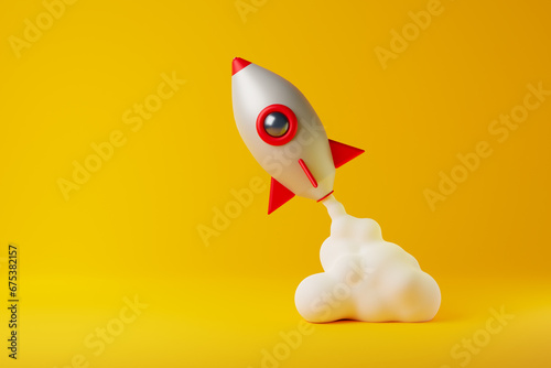 Fototapeta Naklejka Na Ścianę i Meble -  Startup of spaceship rocket isolated over yellow background. Business launch concept. 3D rendering.