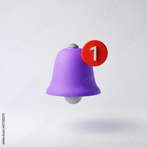 Purple bell icon with notification sign isolated over white background. 3D rendering.