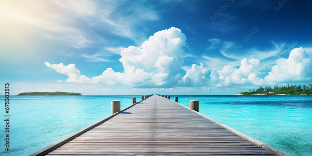 Wooden pier leading from an island into the ocean against a blue sky with white clouds. Concept for summer travel and vacation.