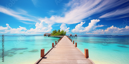 Wooden pier to an island in ocean against blue sky with white clouds. Beautiful tropical landscape background, concept for summer travel and vacation. © trompinex