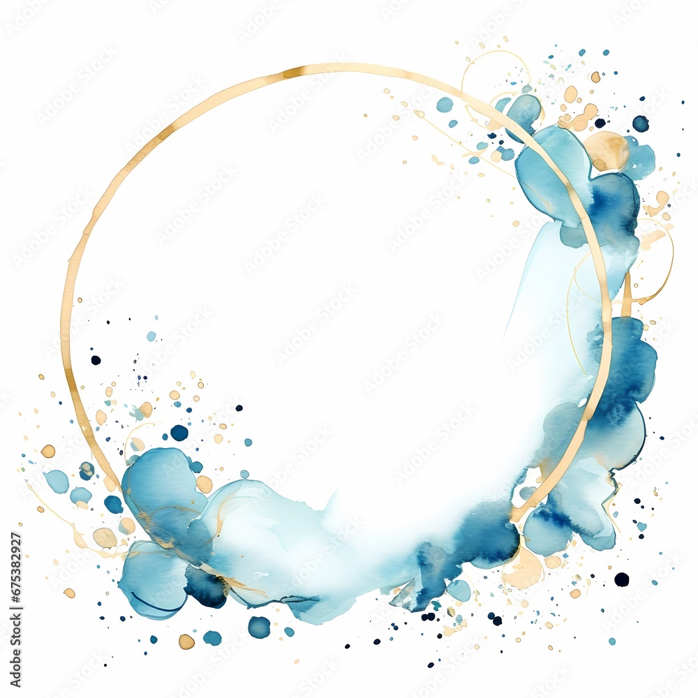 gold and blue frame on the watercolor background