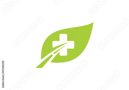 leaf road and cross logo design, simple modern health care symbol vector illustration