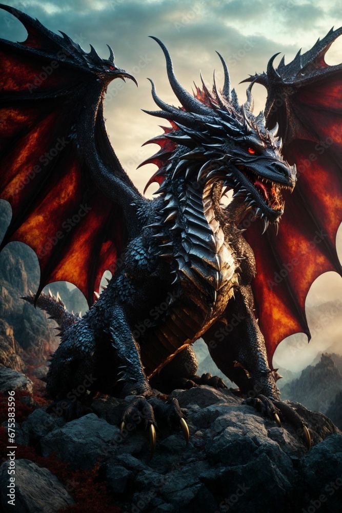 beautiful dragon, majestic and imposing creature, fiery eyes with sharp horns, Generative Ai