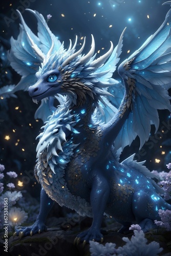 beautiful blue dragon, mythical being with celestial wings, Generative Ai © Rafael