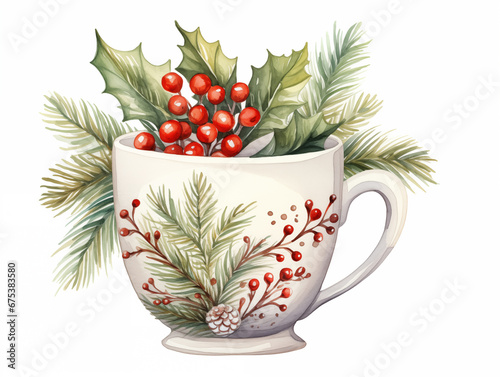 Watercolor illustration of winter cup with berries