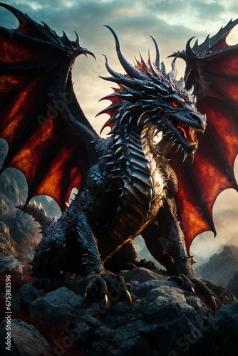 beautiful dragon, majestic and imposing creature, fiery eyes with sharp horns, Generative Ai © Rafael