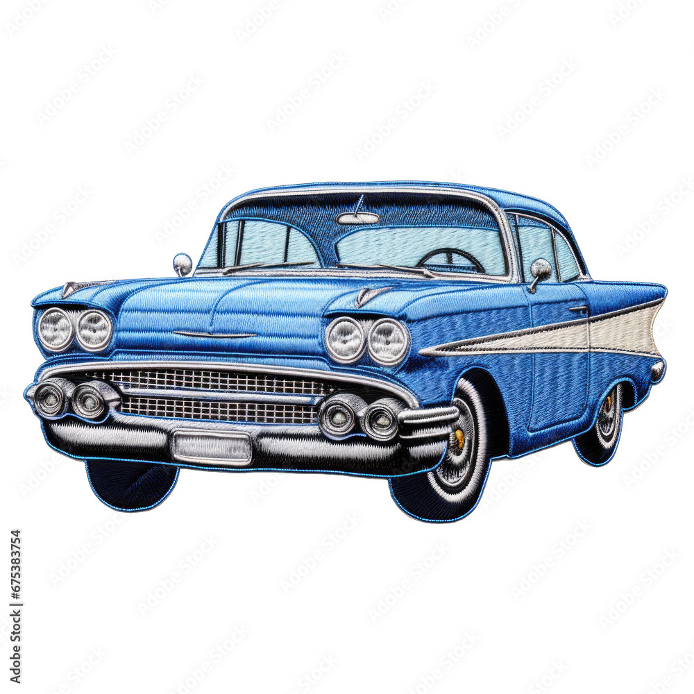 Cute blue car embroidery patch isolated on transparent background. Cute decoration for clothes and accessories