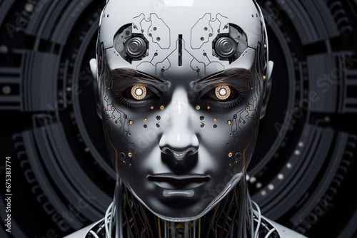 Futuristic robot with artificial intelligence front view closeup portrait. Generative AI