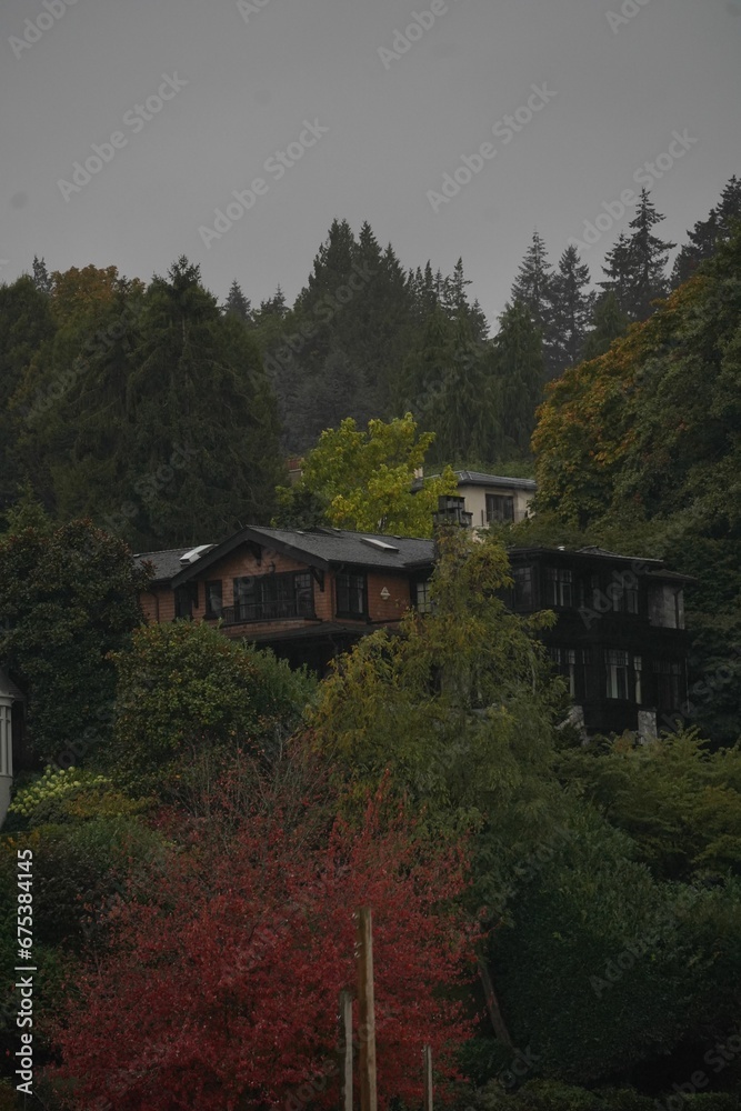 Scenic landscape of a house on the lush green hillside with a cloudy sky