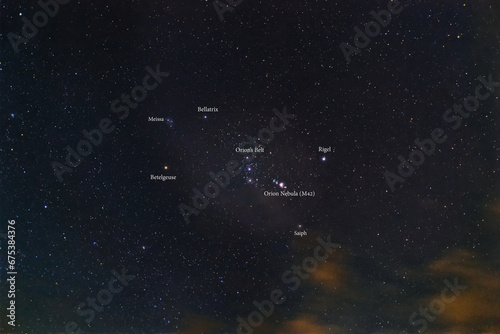The Orion constellation with the names of basic stars and Nebula M42 against the starry sky. photo