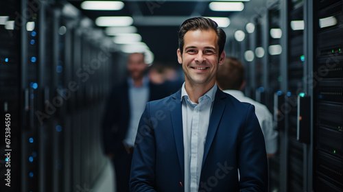 Happy smiling businessman standing inside server room. Generative AI