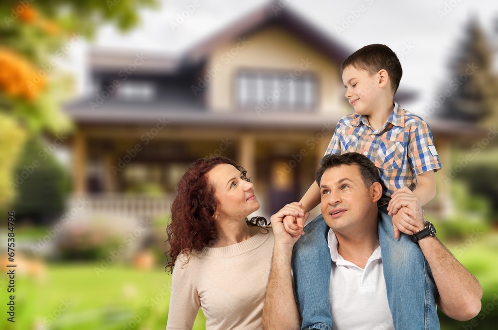 Young Beautiful family Walking Outdoors with Country House on background, AI generated image Young Beautiful family Walking Outdoors with Country House on background, AI generated image